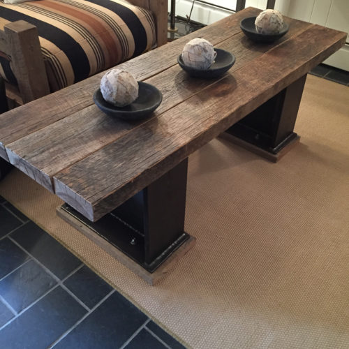 Coffee Table in Antique Hickory with Steel I-Beam Base 