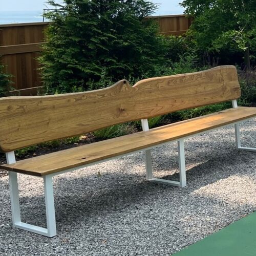 Bench with live edge black locust wood and powder coated white steel frame
