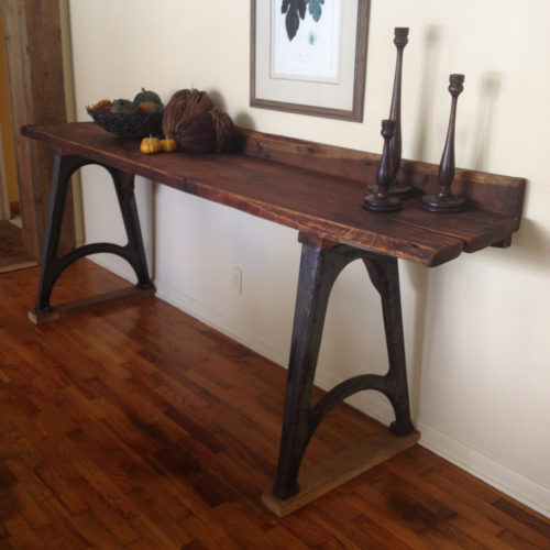 Console Table with Reclaimed Wood Slabs and Vintage Industrial Cast Iron Base