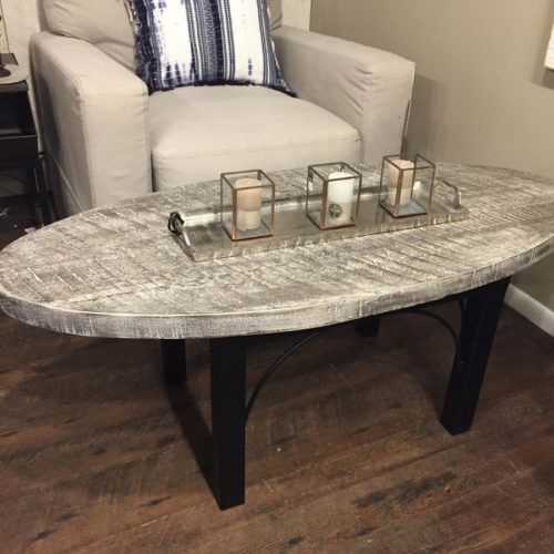 Coffee Table in Weathered White Pine with Beach Grey Finish and Steel Base