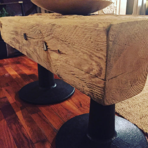 Coffee Table made from Reclaimed Lake Michigan Shipwreck and Vintage Industrial Bases