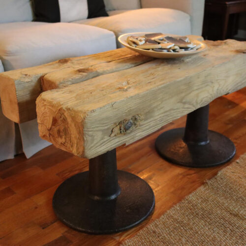 Coffee Table with Reclaimed Shipwreck Wood and Vintage Cast Iron Bases