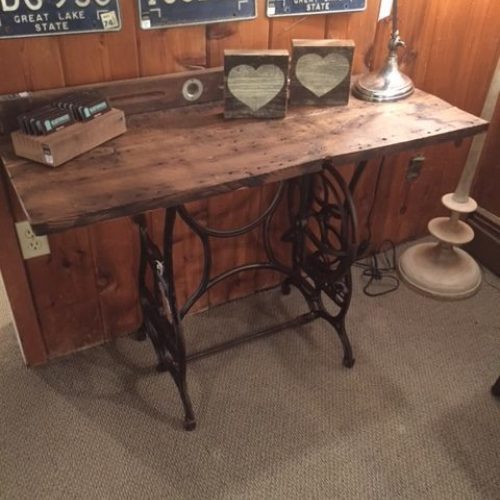 Console Table made with Reclaimed Featherbone Factory Wood and Vintage Sewing Table Base