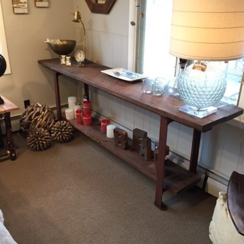 Console Table with Reclaimed Oak Planks and Vintage Cast Iron Base