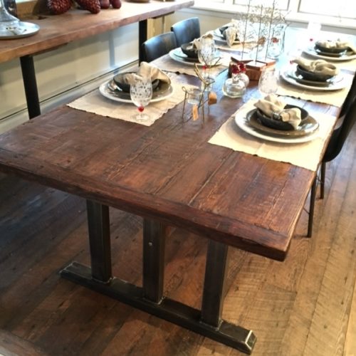 Dining Table in Rustic Reclaimed Pine with Tubular Steel Arts and Crafts Base