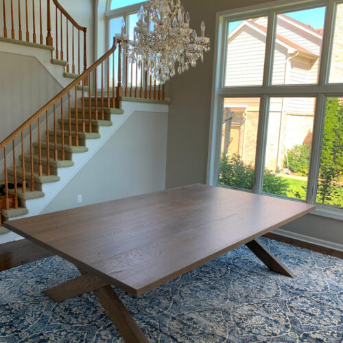 Dining Table in Textured White Oak with Driftwood Stain and Oak Beam Base
