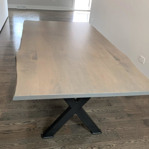 Dining Table Live Edge Maple with Pewter Finish and Steel X Base