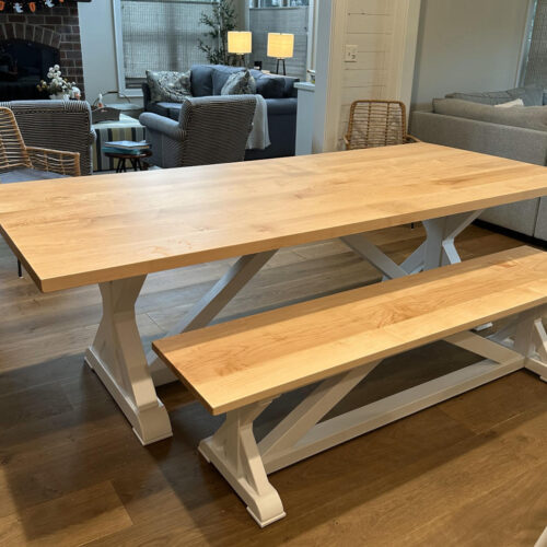 Dining Table with matching bench in maple with painted hardwood base