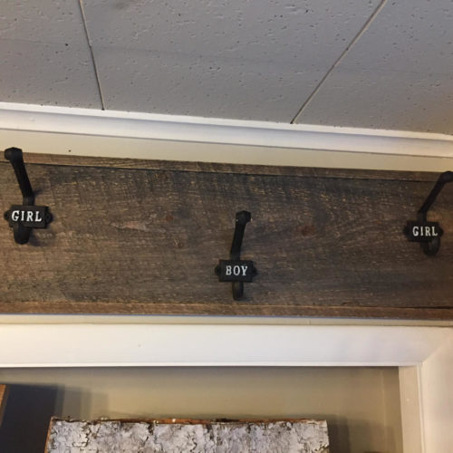 Hook Board in Reclaimed Weathered White Pine with Cast Iron Boy/Girl Hooks 