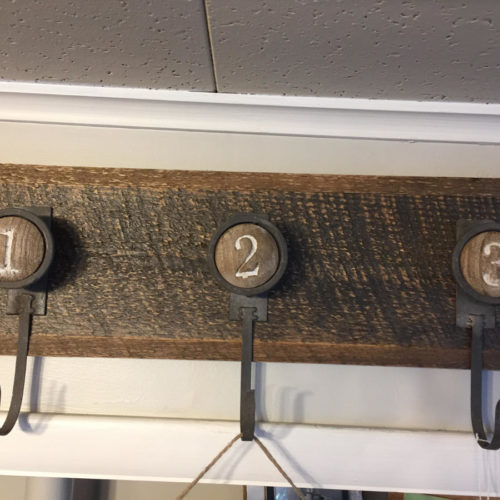 Hook Board in Reclaimed Weathered White Pine with Wood and Metal Number Hooks