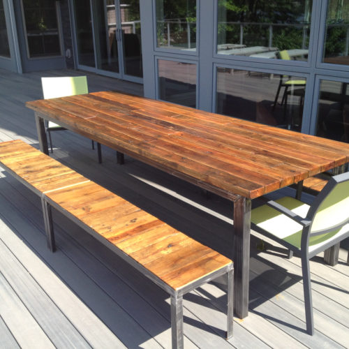 Dining Table and Benches in Reclaimed Antique Pine with Tubular Steel Base
