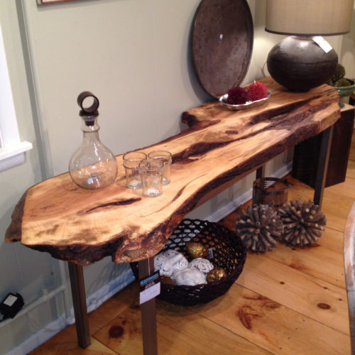 Console Table with Natural Edge Maple Slab and Tubular Steel Base