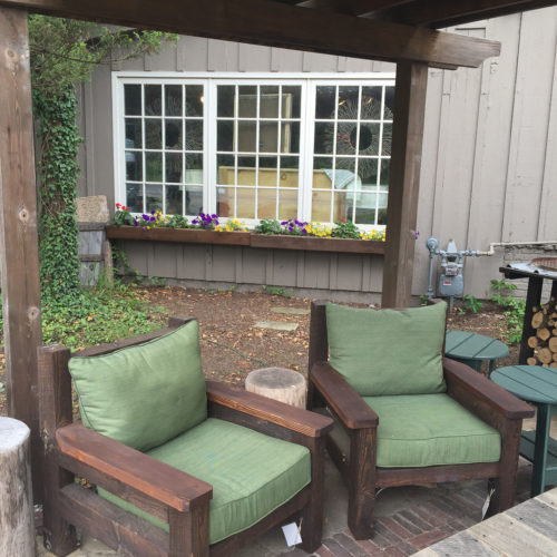 Outdoor Club Chairs in Reclaimed Oak with Standard Outdoor Cushions