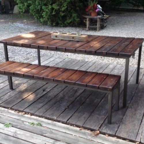 Outdoor Table and Bench in Weather-Treated Antique Heart Pine and Powder Coated Steel Base