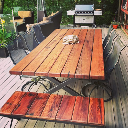 Outdoor Table and Benches in Redwood with Steel Base