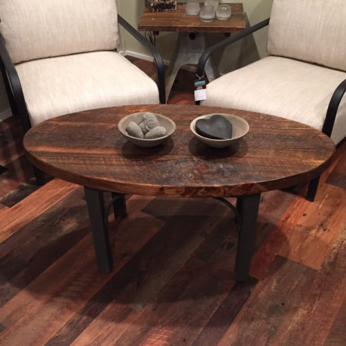 Oval Coffee Table with Steel Base and Weathered White Pine Top
