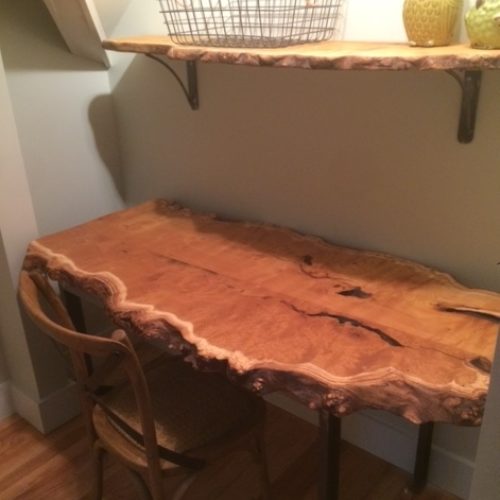 Re-purposed Mulberry Slab Desk and Shelf with Steel Base and Brackets