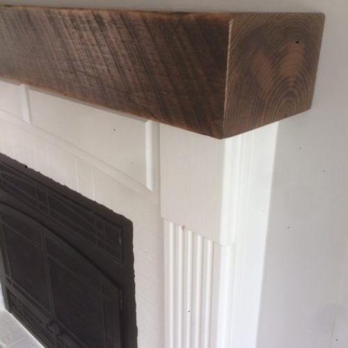 Reclaimed Rough Sawn Weathered White Pine Mantle with Dark Walnut Stain
