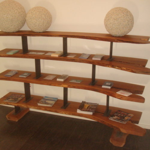 Shelving Unit with Natural Edge Cherry Slabs and Steel Supports
