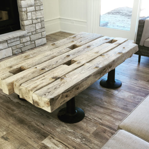 Coffee Table made of Reclaimed Wood from 100 Year Old Lake Michigan Shipwreck with Vintage Industrial Cast Iron Legs