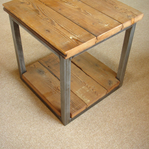 Side Table in Reclaimed Tongue and Groove Pine Hayloft Decking with Tubular Steel Base