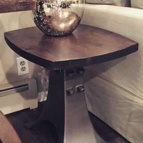 Side Table with Vintage Cast Iron Creamery Base and Reclaimed Pine Top 