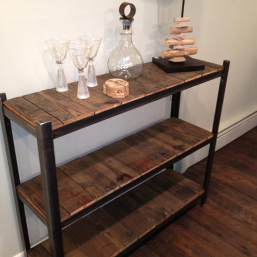 Three Tier Shelving Unit with Angle Iron Frame and Reclaimed Pine