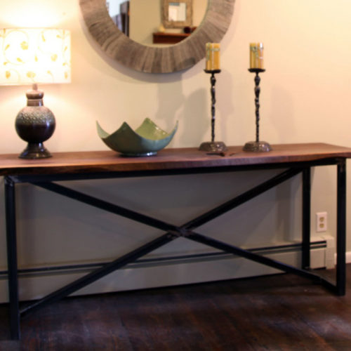 Console Table with Natural Edge Walnut Top and Tubular Steel Cross Base