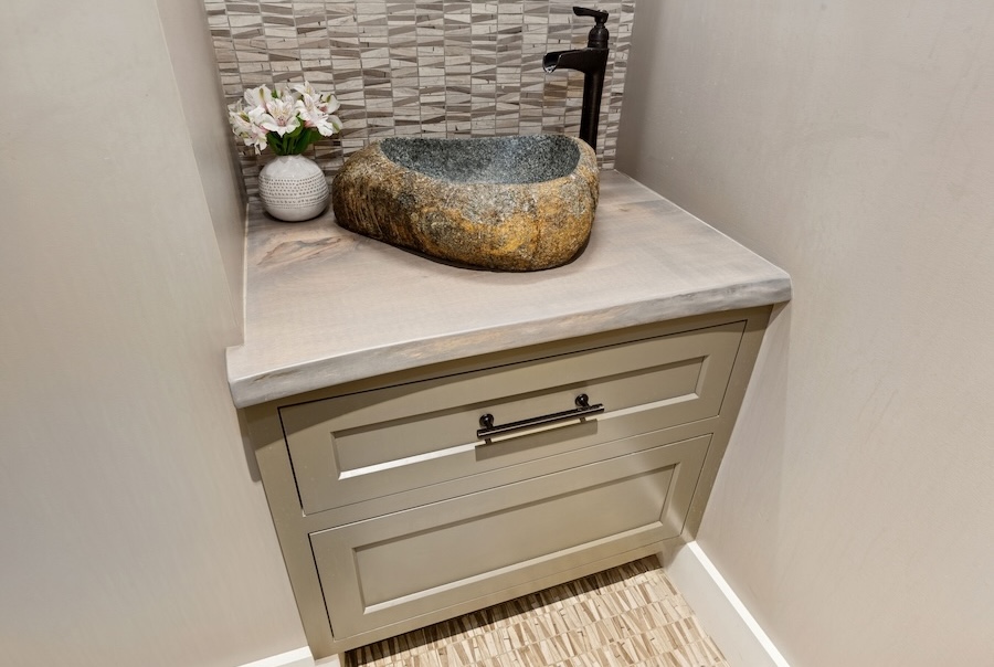 wood countertop with stone basin