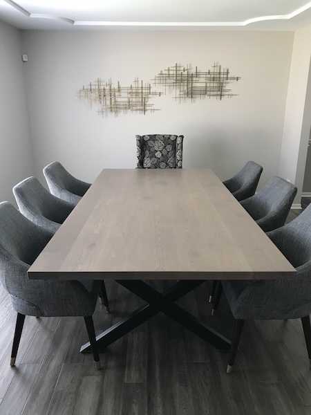 Dining table in maple with driftwood finish x base