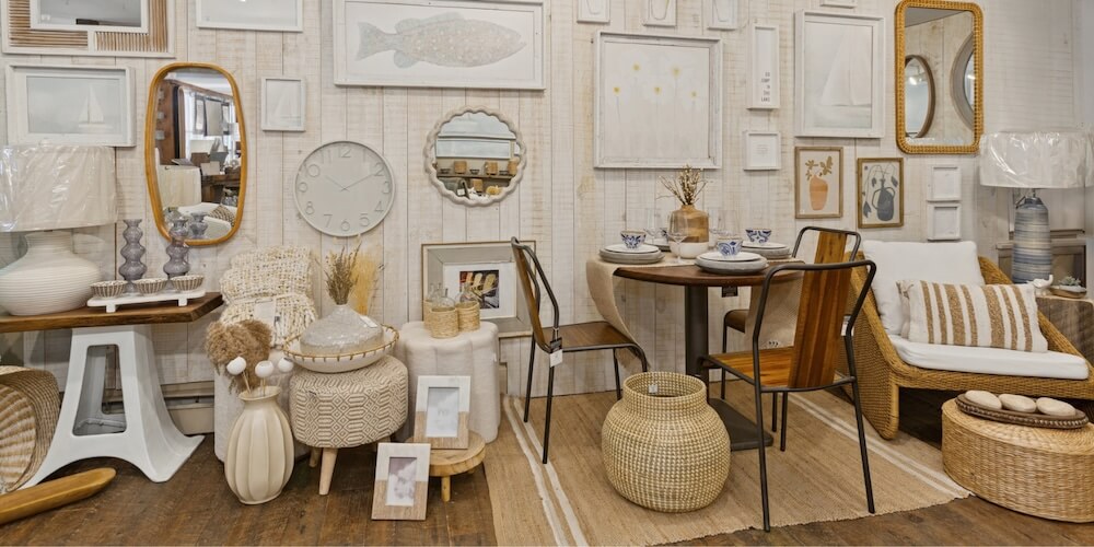 showroom wall art, tables, chairs, and decor