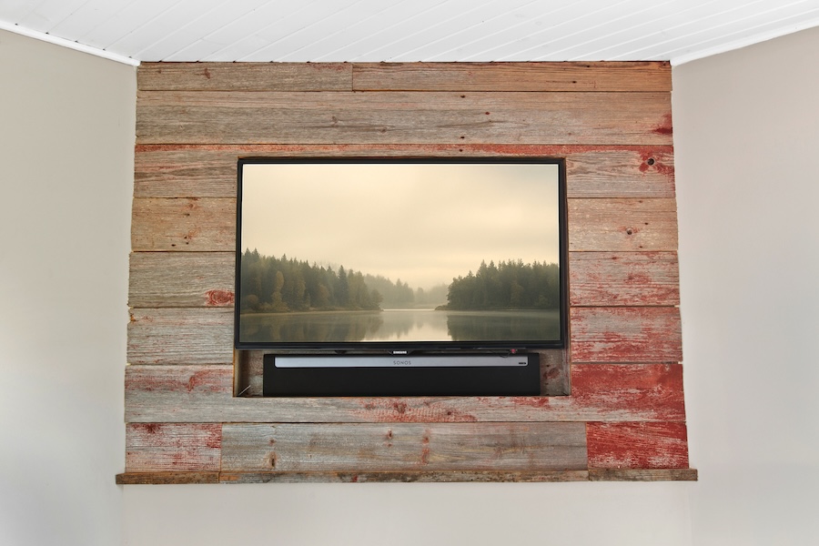 red wood paneling around tv