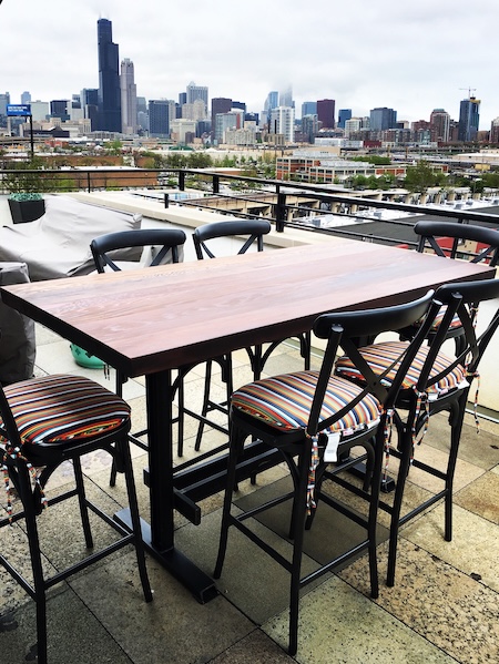 Outdoor red wood table on roof