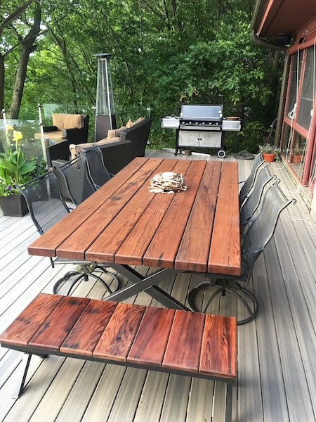 outdoor redwood dining table and bench