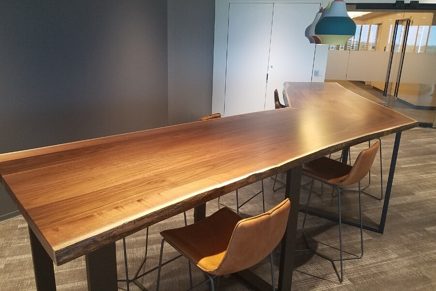 counter height commercial workspace wood table with iron legs