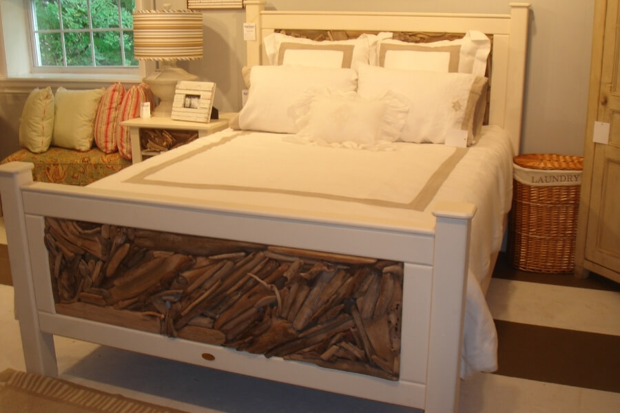 white bed with driftwood headboard and footboard