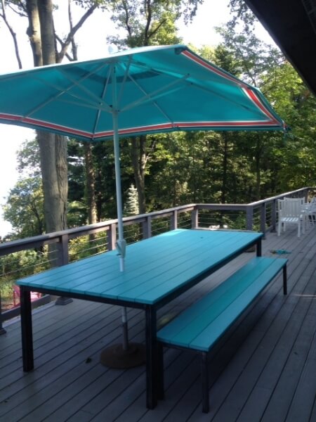 outdoor rectangular composite table and bench with umbrella
